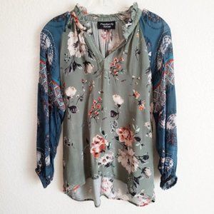 Anthro Feathers by Tolani Boho Floral Print Blouse 100% Cupro Vegan Silk size XS